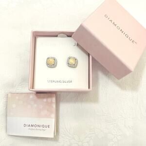 Diamonique Sterling Silver Simulated Opal & CZ Earrings Square Cushion, 925